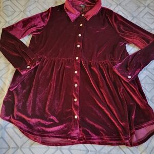 Coco & Carmen Wine Crushed Velour Button Down Long Sleeve Size L/XL Whimsigoth